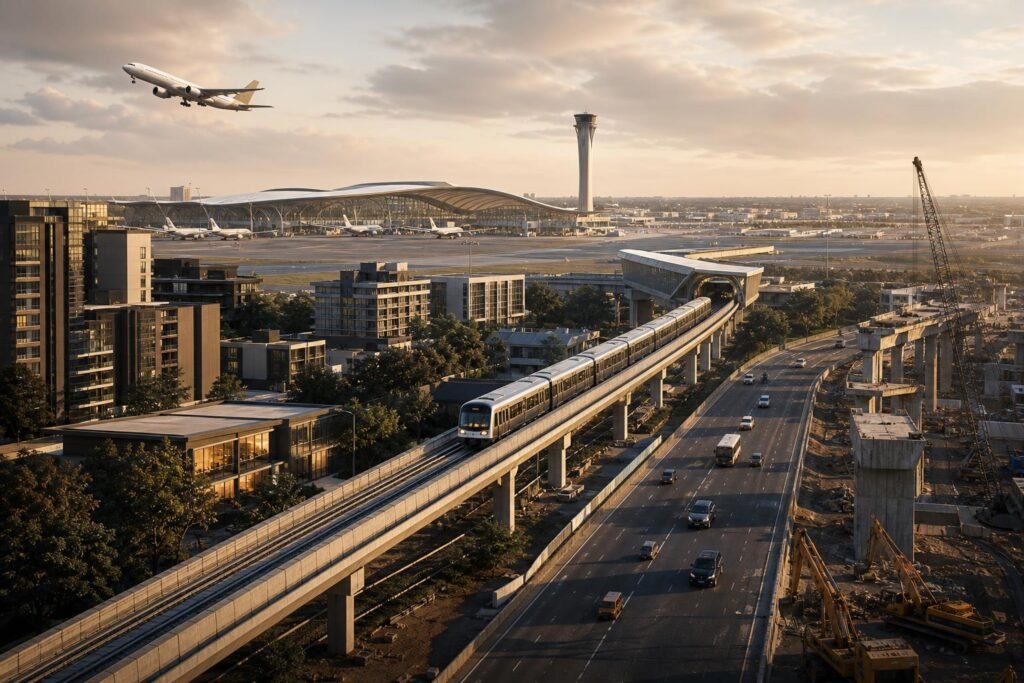 North Bengaluru’s inflection: BIAL EC + KIADB works + Airport (Blue) Metro converge — Key House editorial illustration